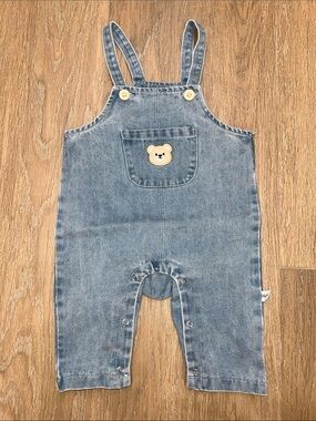 🐻🩵🧸 Kids Denim Overalls with Bear Patch - Blue